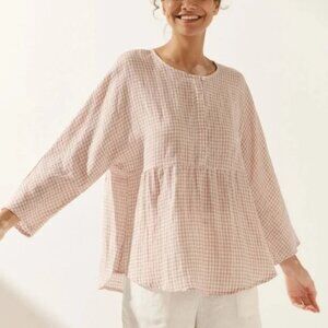 LINTICO Pink White Gingham Linen Blend Peplum Blouse Top Lagenlook Peasant Sz S